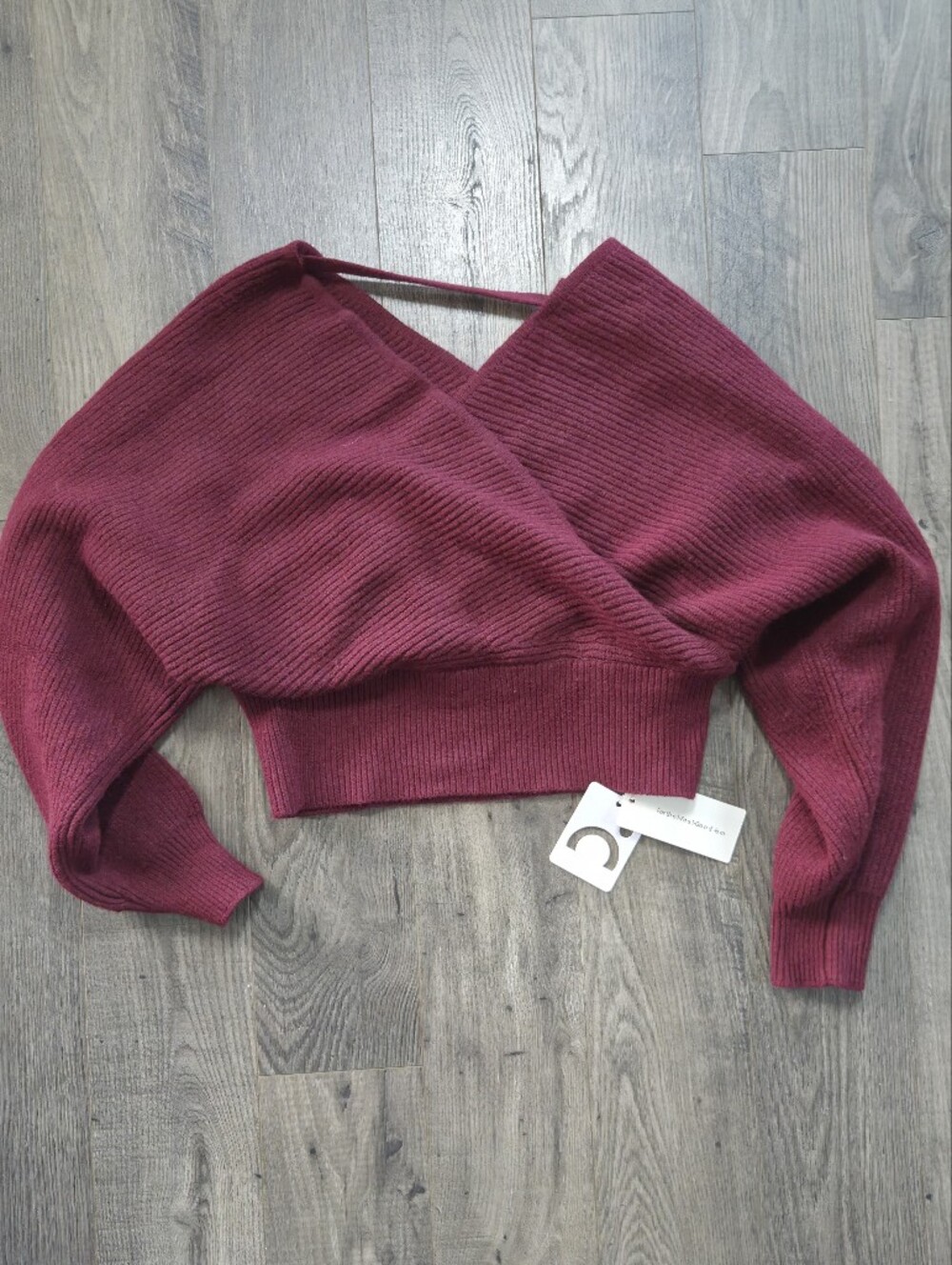 Commense Cropped Wrap Crewneck Sweater in Wine